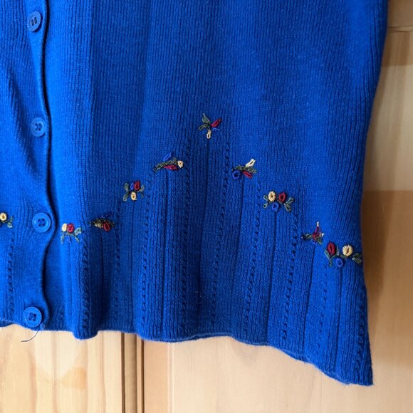 R&K Sweater 12P Button-up Cropped Short Sleeve Floral Embroidered Blue - Picture 3 of 7